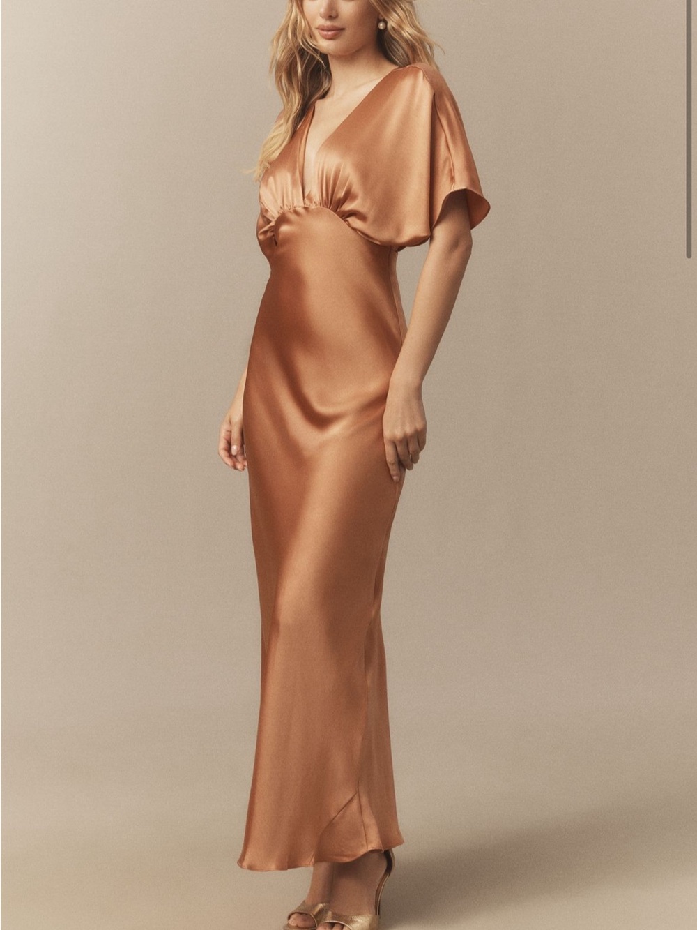 BHLDN Copper Satin V-Neck Maxi Dress